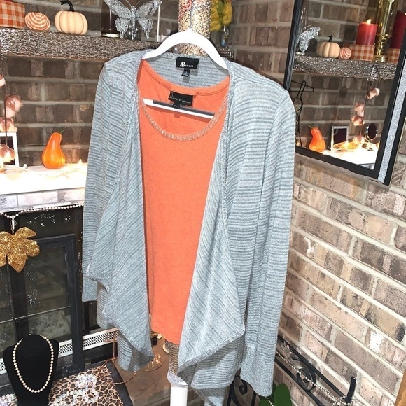 AB Studio shimmery Cardigan and Buffalo orange tank top with bling outline M/L - Picture 3 of 11